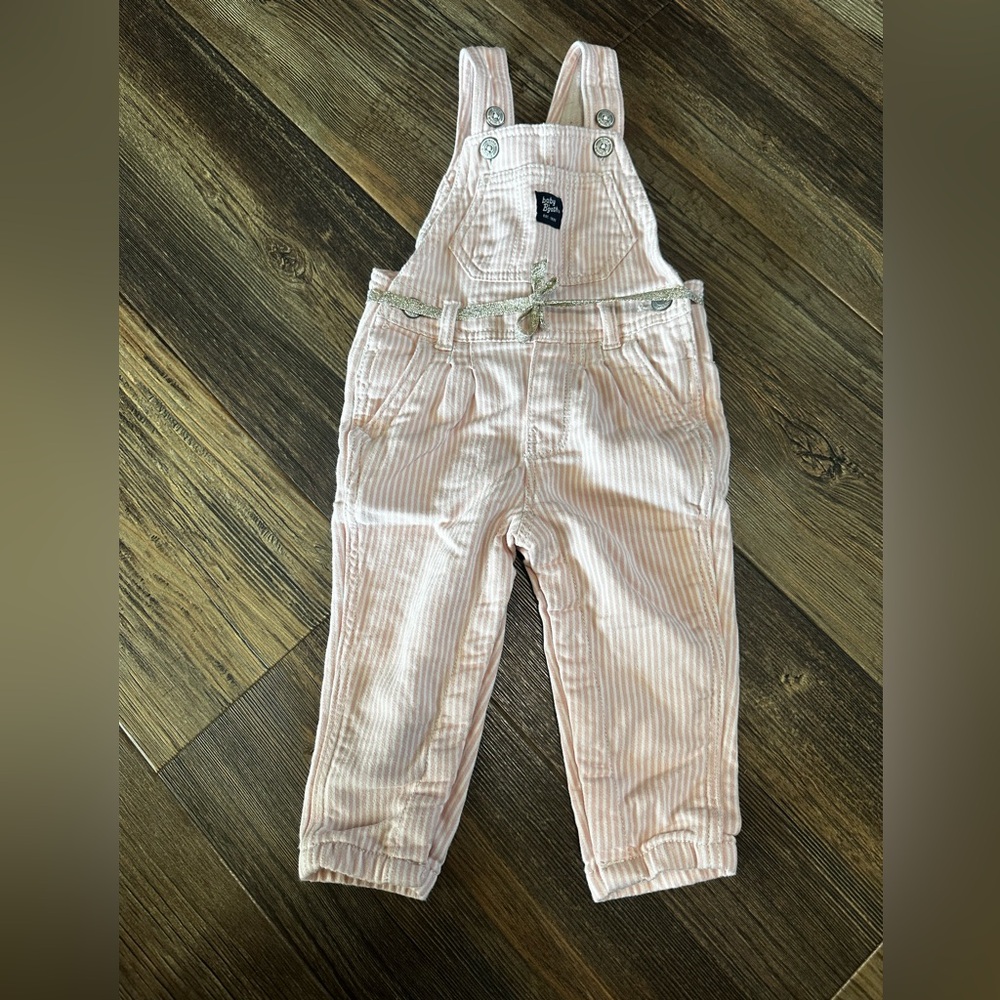 Osh kosh b'gosh 12 mo pink and white stripe overalls gold sparkle belt